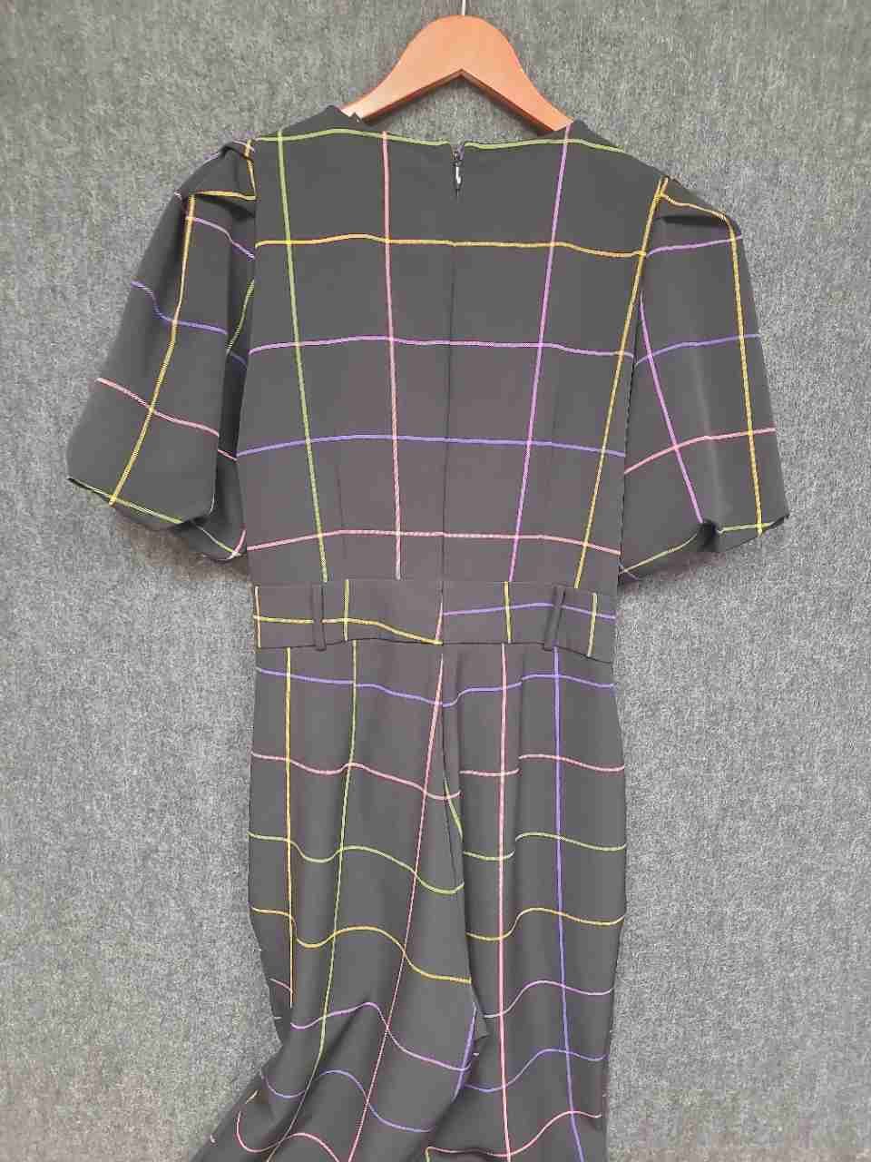 New York & Co Women's Black Multicolor Grid Plaid Puff Sleeve Jumpsuit Sz L