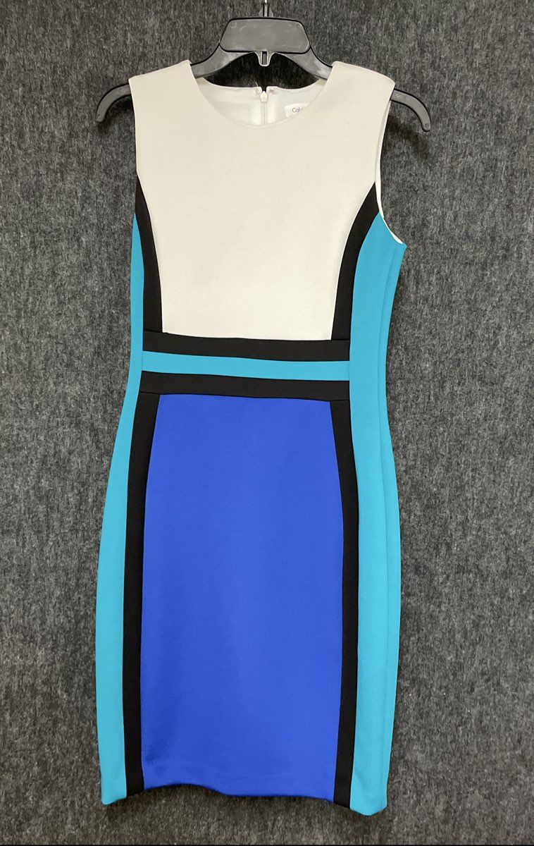 Calvin Klein Women's White Blue Black Colorblock Sheath Dress Sleeveless Sz 4