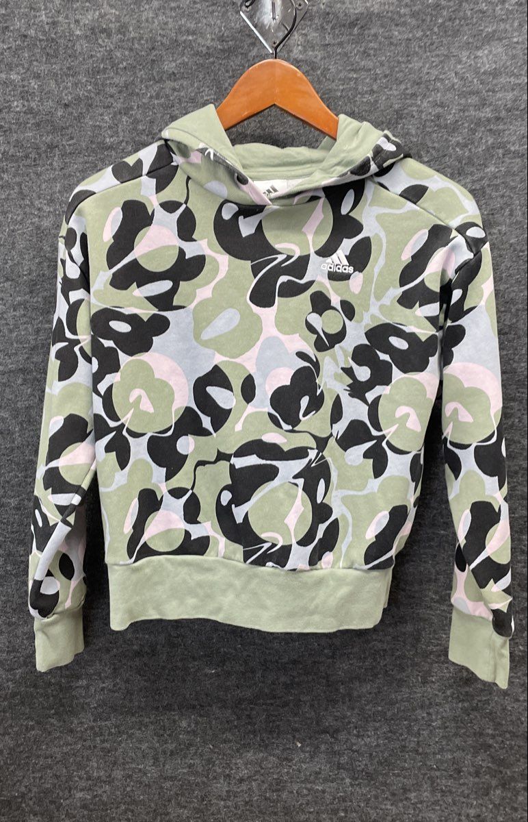 Adidas Girls' Green Multicolor Abstract Floral Print Loose Fit Hoodie Sz M 10/12