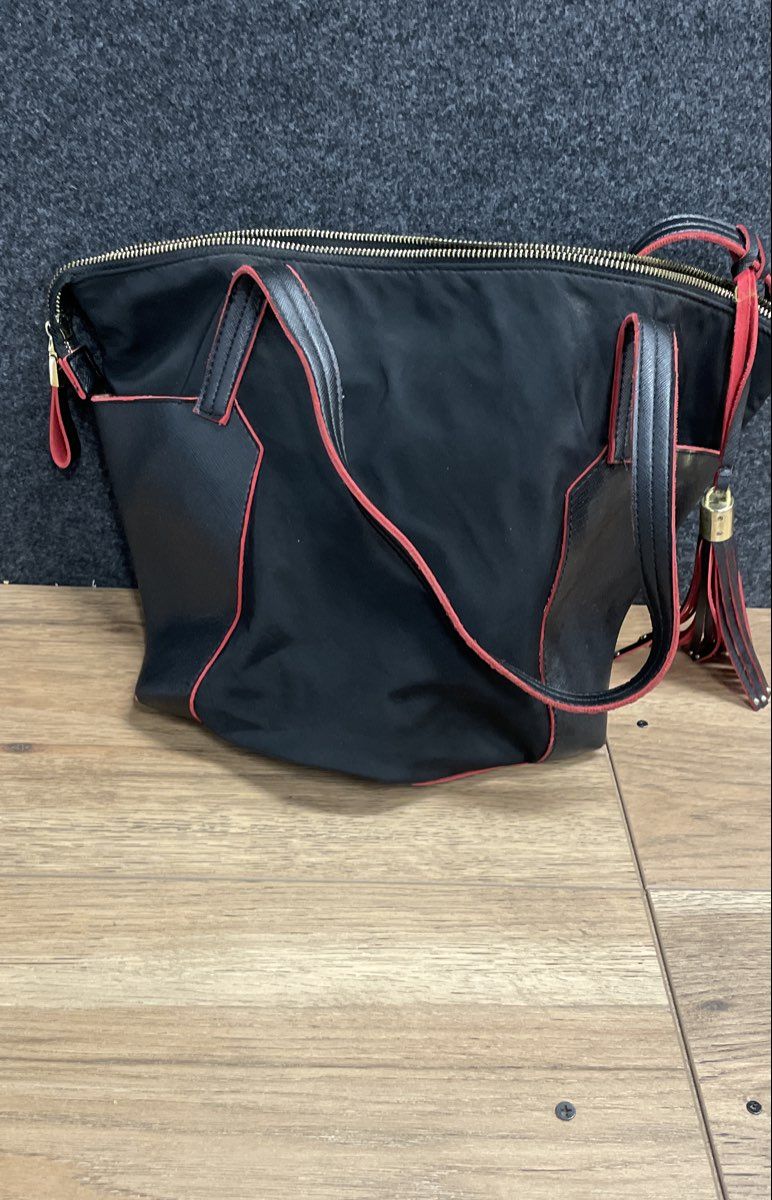 Big Buddha Black Red Trim Saffiano Texture Nylon Tote Bag Large Gold Tone