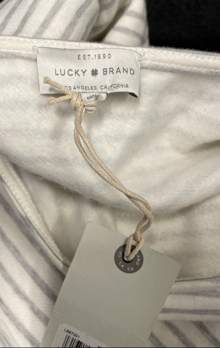 Lucky Brand Women's Striped Fleece Sweatshirt White Grey Puff Sleeve NWT Sz L