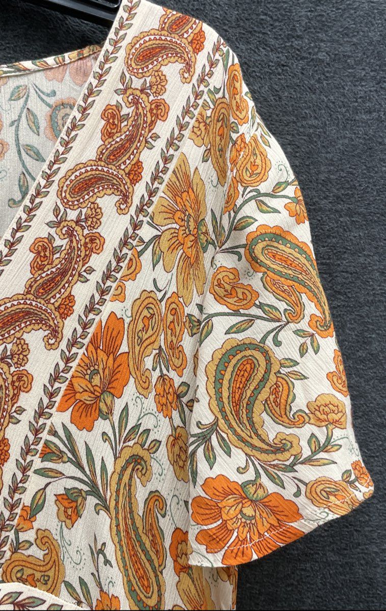 Bila Women's Tiered Boho Dress Orange Paisley V-Neck Short Sleeve Rayon Sz M