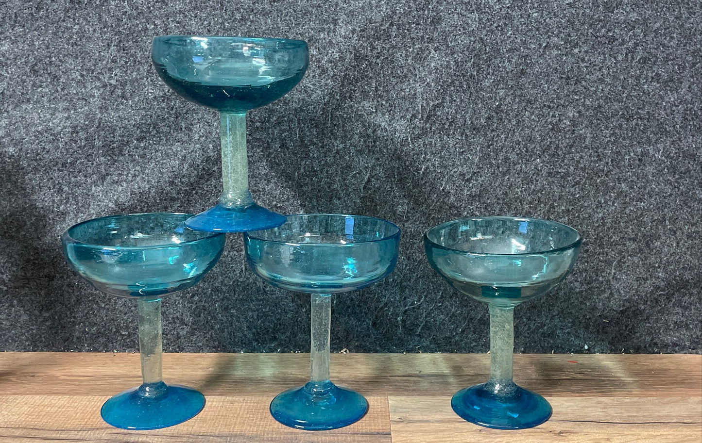 Hecho En Mexico Margarita Glasses Set of 4 Turquoise Blue Hand Blown Art Glass