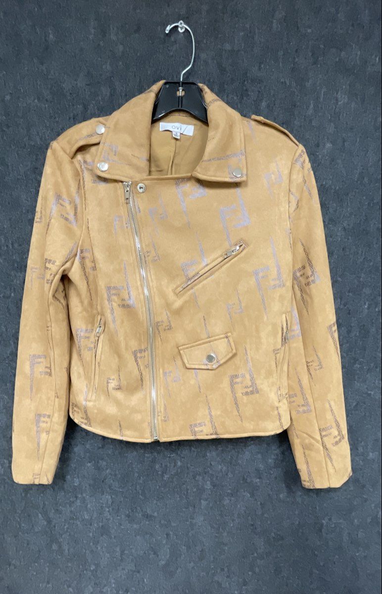 OVI Women's Camel Tan Faux Suede Logo Print Asymmetrical Zip Moto Jacket Size S