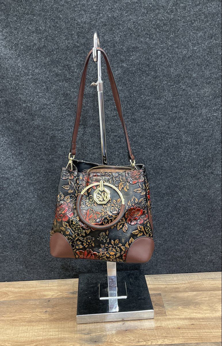 Siweiya Embossed Floral Leather Ring Handle Satchel Shoulder Bag Brown Black