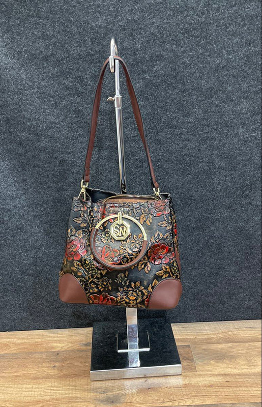 Siweiya Embossed Floral Leather Ring Handle Satchel Shoulder Bag Brown Black