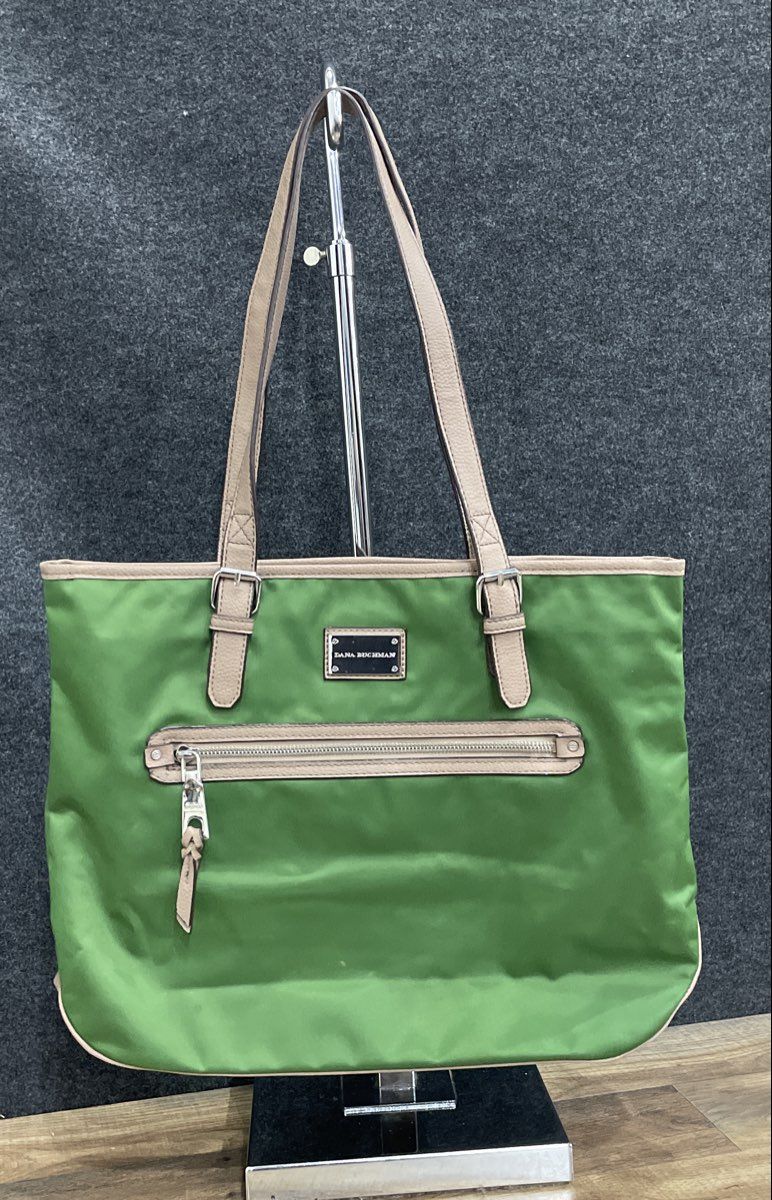 Dana Buchman Green Nylon Tote Bag Tan Faux Leather Trim Shoulder Purse Large