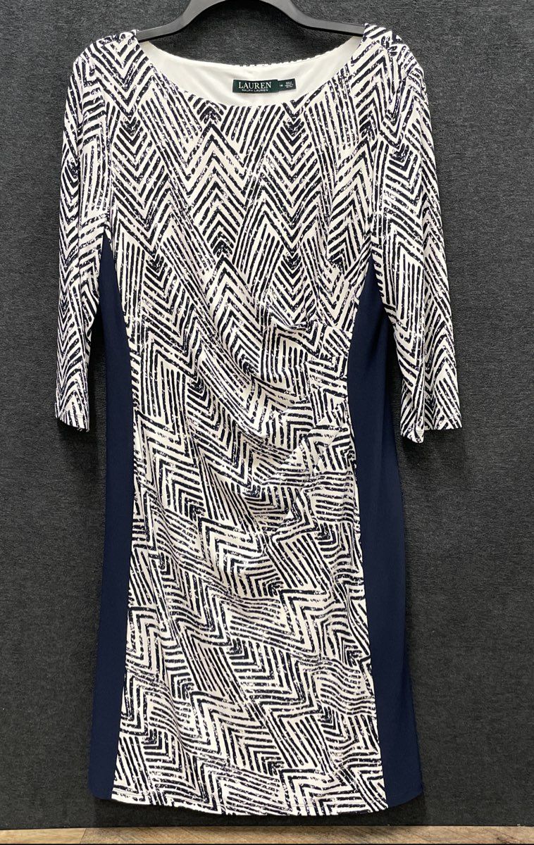 Lauren Ralph Lauren Women's Navy White Chevron Ruched 3/4 Sleeve Dress Sz 14