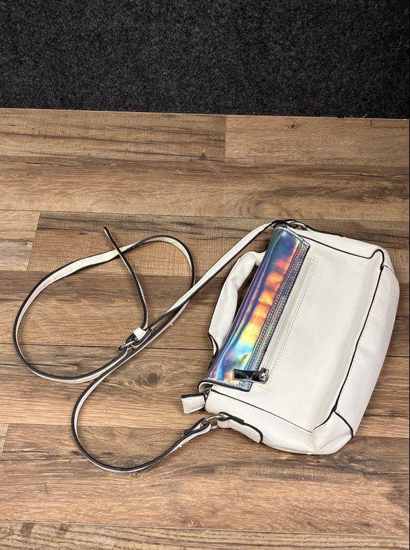 White Holographic Iridescent Crossbody Bag Faux Leather Silver Hardware Small