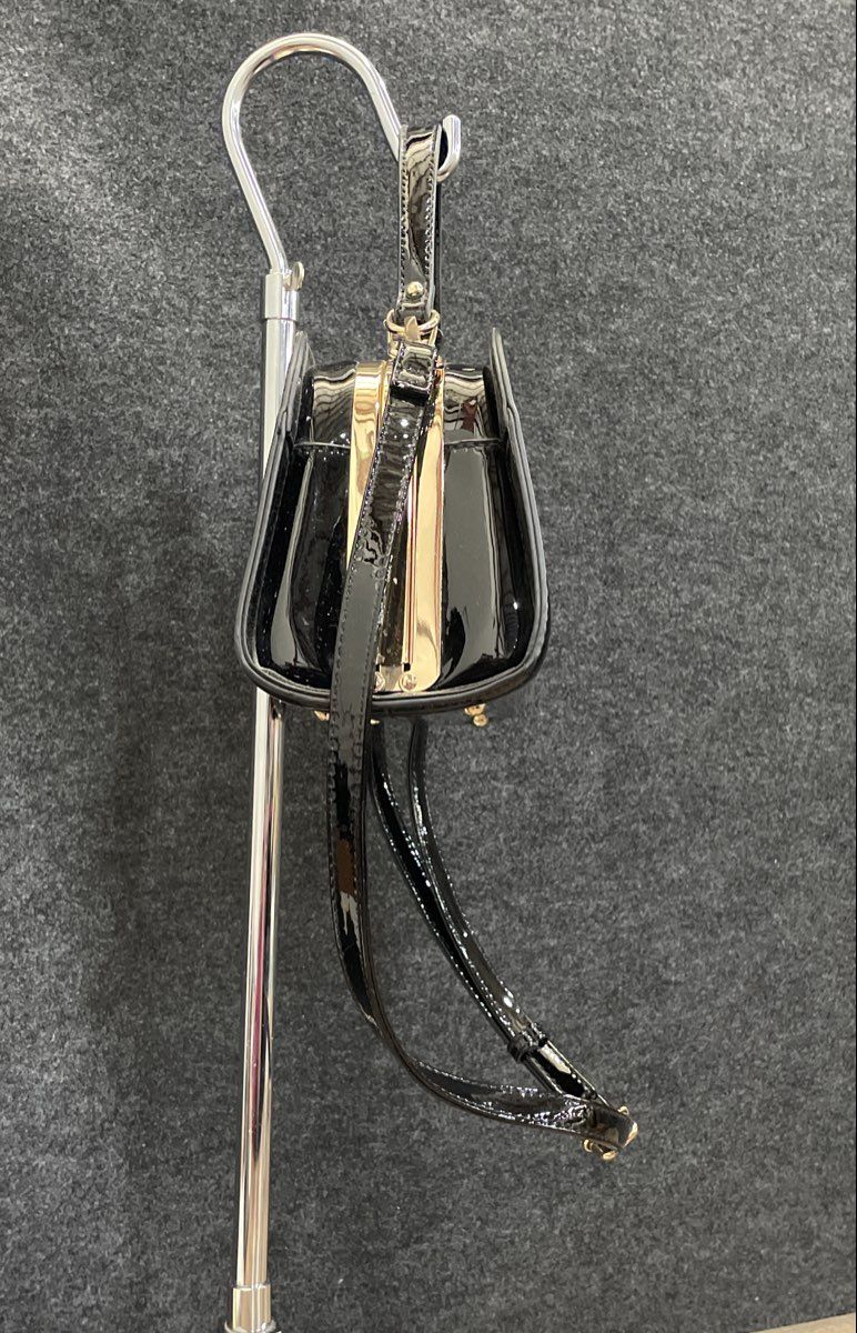 Black Latex Rhinestone Kiss Lock Satchel Crossbody Handbag Gold Hardware