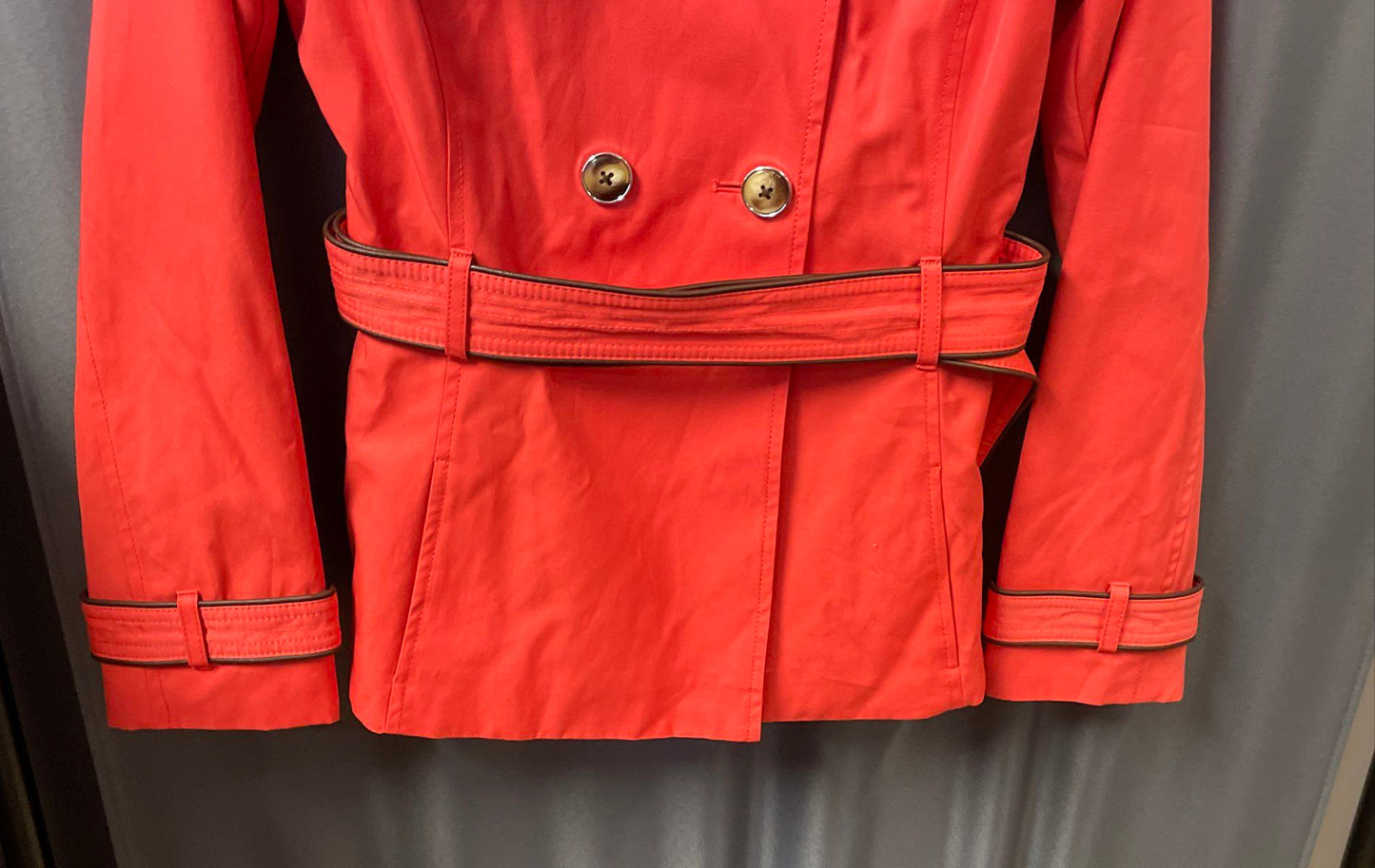Black Rivet Women's Red Orange Double Breasted Belted Trench Jacket Sz S