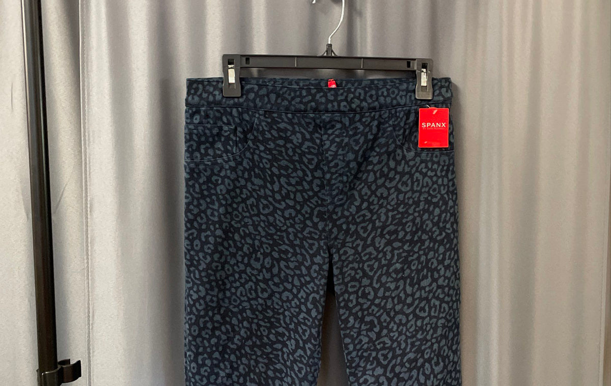 Spanx Women's Blue Black Leopard Print Ankle Skinny Jeans Sz L NWT