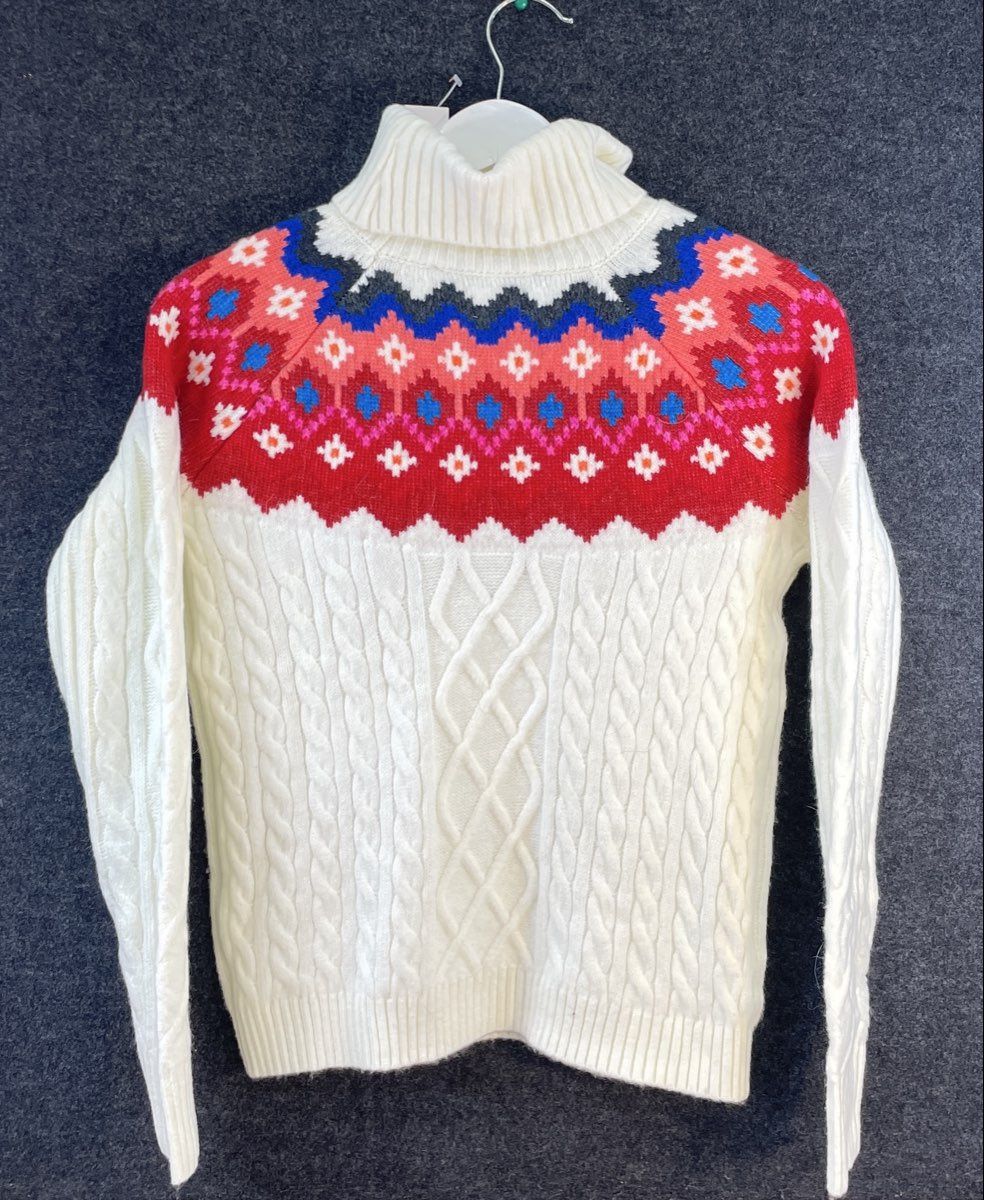 LOFT Women's Turtleneck Sweater White Cable Knit Fair Isle Yoke Sz XXS NWT