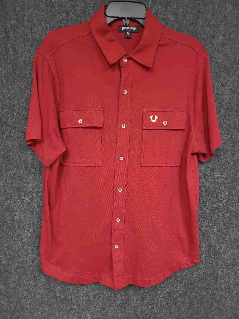 True Religion Men's Red Short Sleeve Cotton Button Down Logo Pocket Shirt Sz M