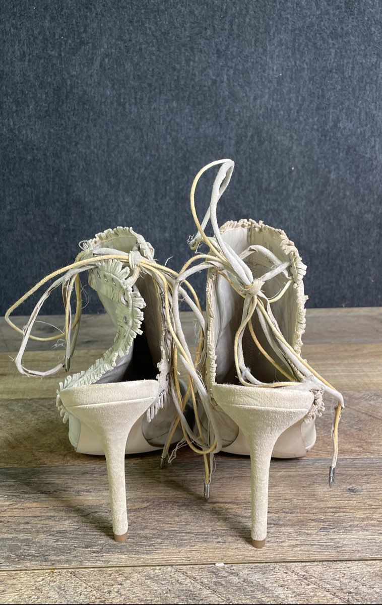 Sam Edelman Artie Beige Suede Fringe Lace Up Stiletto Heels Women's Size 8.5