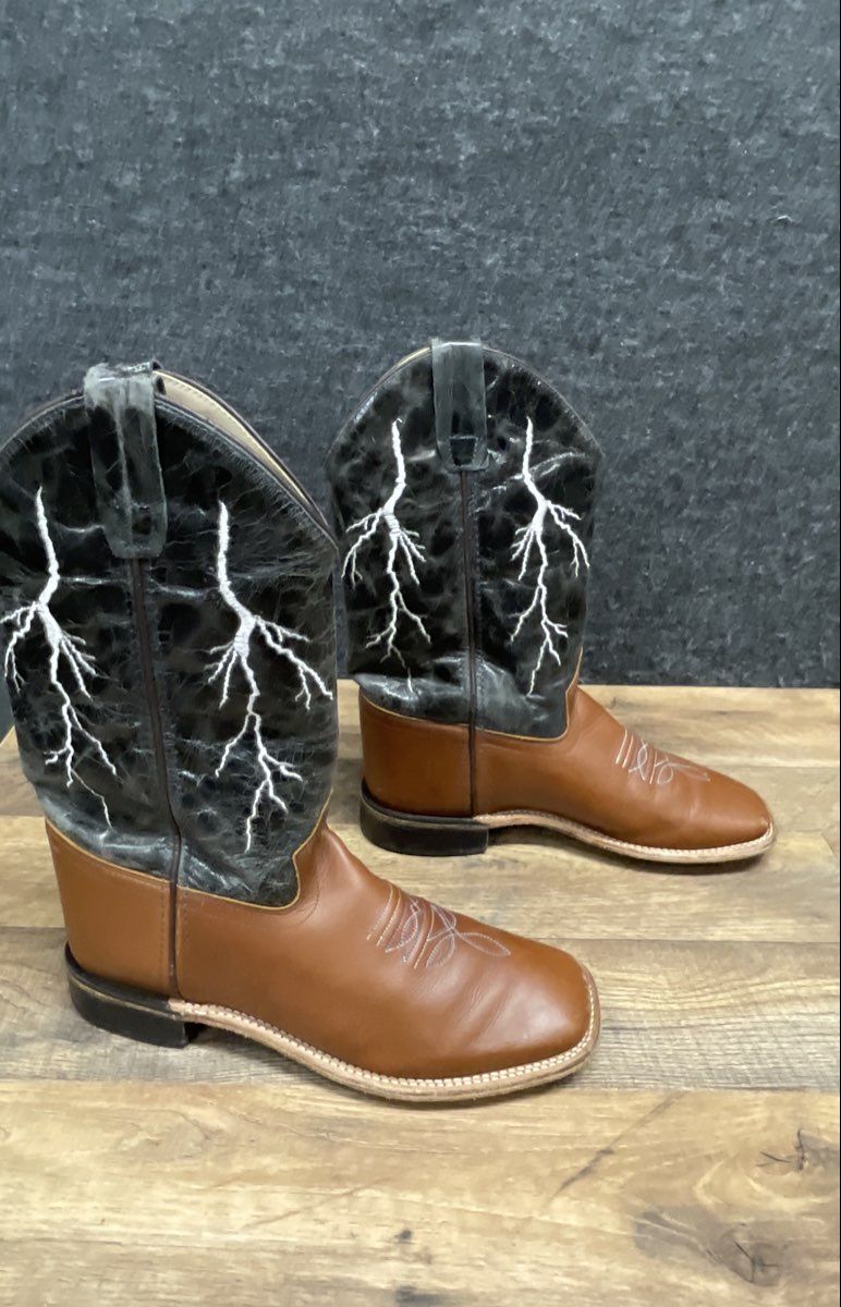 Western Lightning Bolt Square Toe Cowboy Boots Black Brown Leather Size 6D