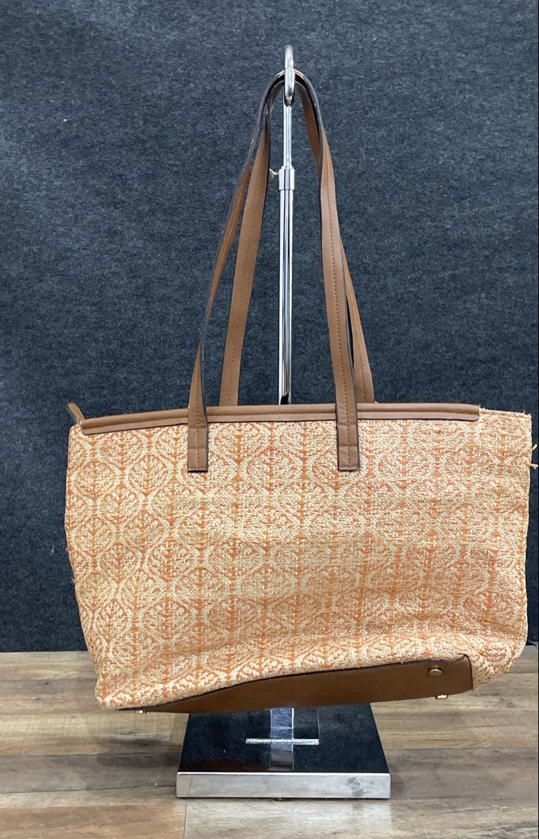 Unbranded Orange Tan Woven Wicker Large Tote Bag Shoulder Bag Herringbone