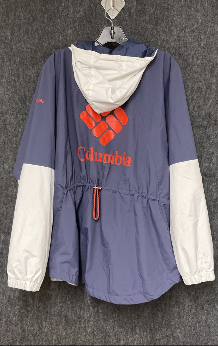 Columbia Women's Navy Blue White Full Zip Hooded Windbreaker Rain Jacket Sz XL