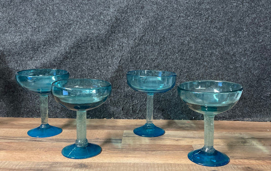 Hecho En Mexico Margarita Glasses Set of 4 Turquoise Blue Hand Blown Art Glass