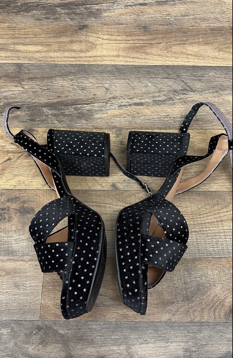 Lane Bryant Black Silver Sparkle Polka Dot Platform Block Heel Sandals Size 10W
