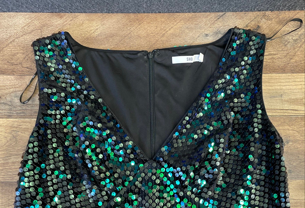SHO Women's Teal Blue Iridescent Sequin Sleeveless V-Neck Sheath Dress Size L