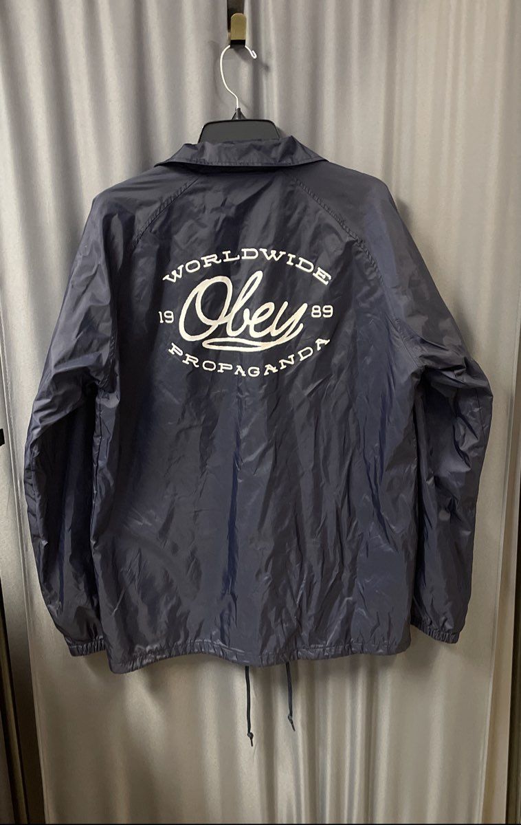 Obey Men's Navy Blue Nylon Coach's Jacket Worldwide Propaganda Graphic Sz L