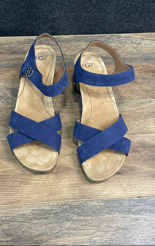 UGG Navy Blue Nubuck Cross Strap Wedge Slingback Sandals Women's Size 9