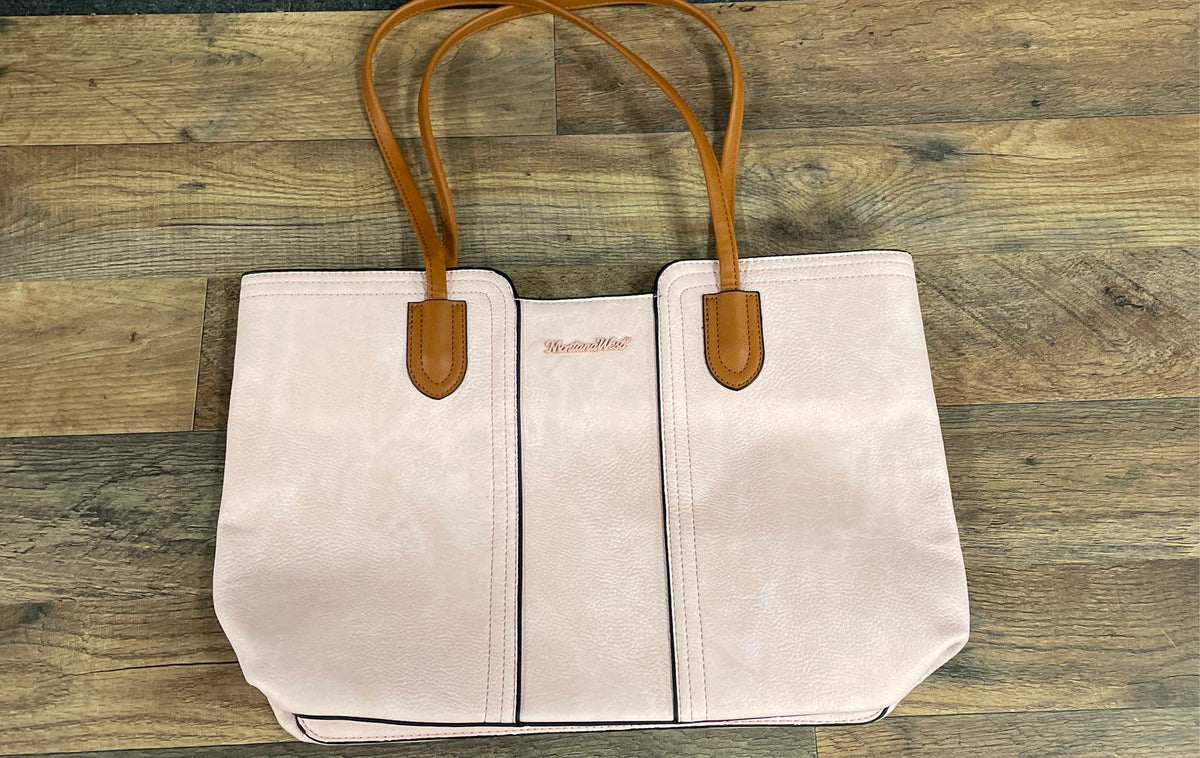 Montana West Pink Faux Leather Tote Bag Tan Double Straps Gold Tone Hardware