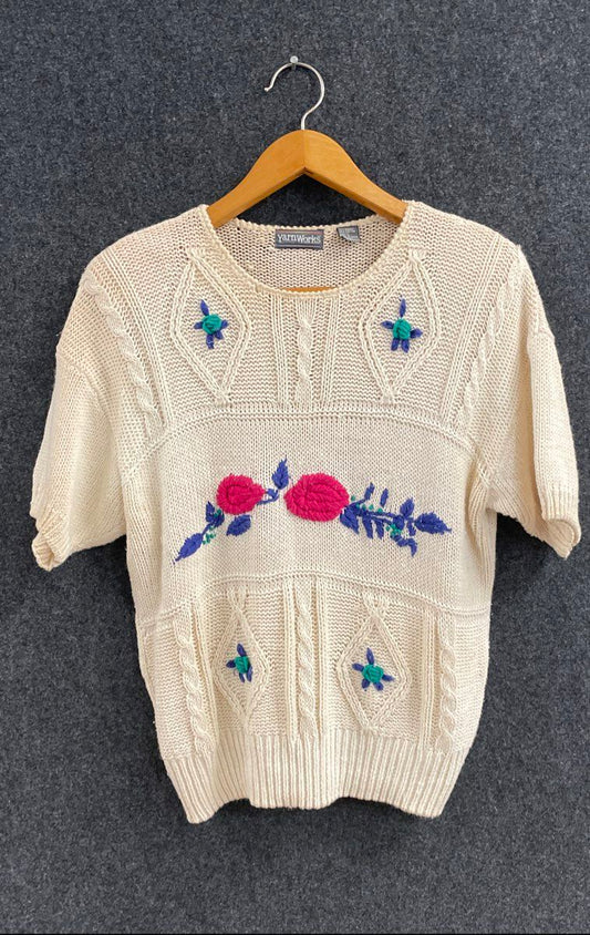 Vintage 90s Yarn Works Floral Embroidered Ramie Cotton Knit Short Sleeve Sz L