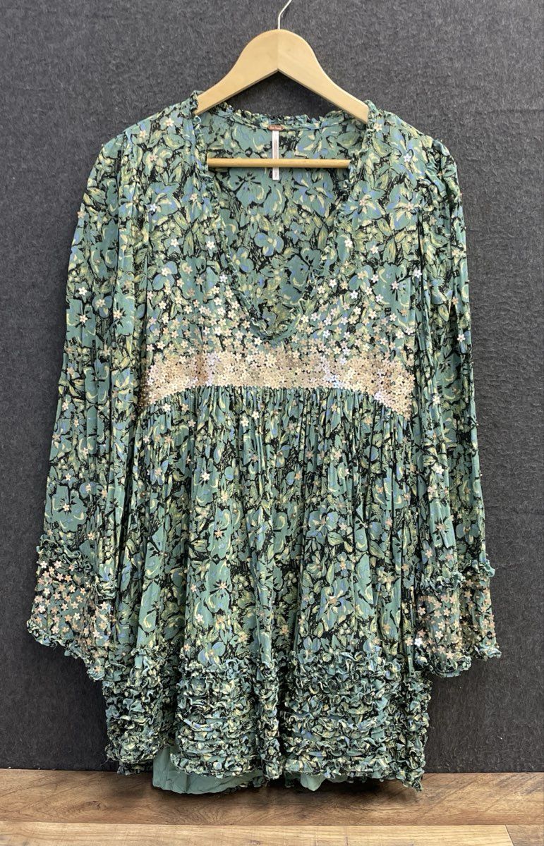 Free People Women's Night Shimmer Green Floral Sequined Ruffle Tunic Dress Sz S