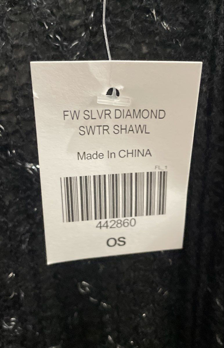 Women's Black Silver Sparkly Diamond Knit Fringe Sweater Shawl Wrap NWT OS