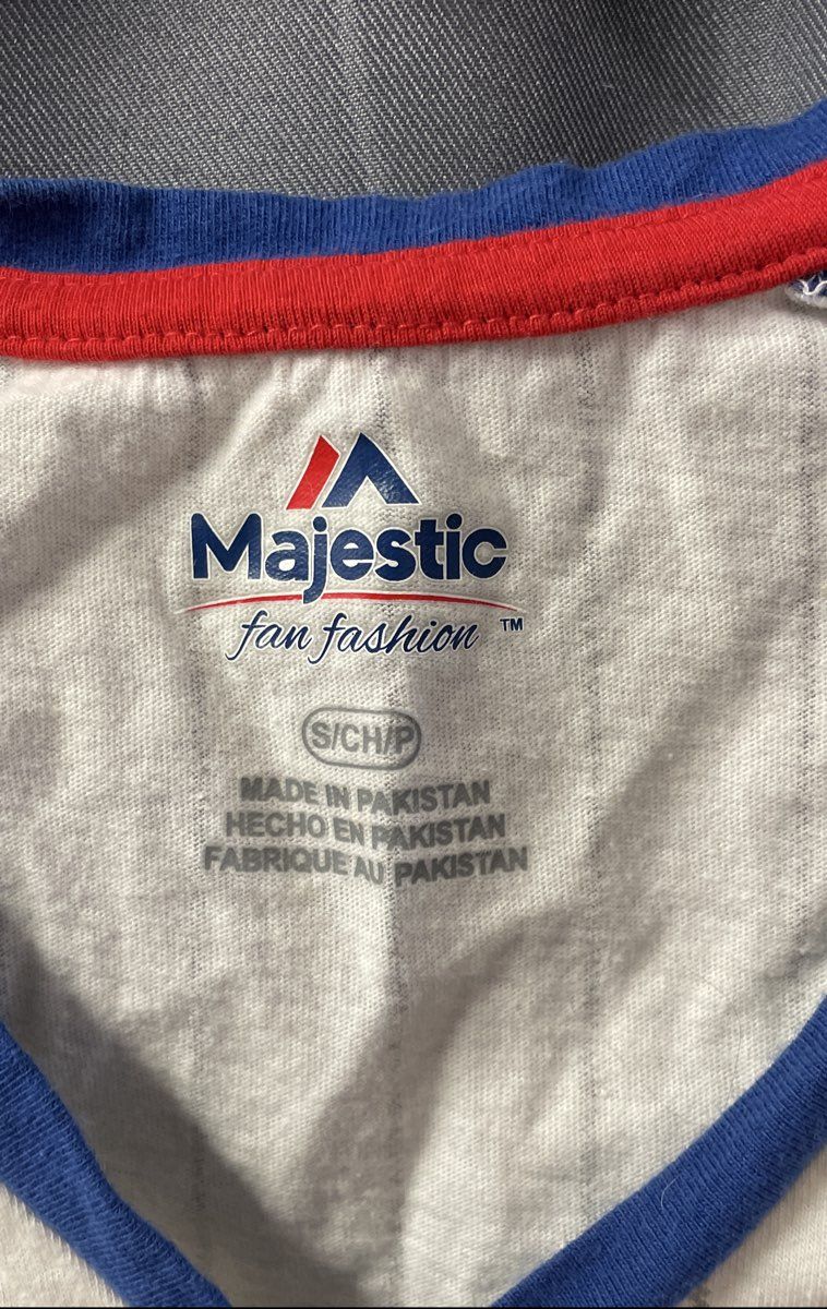 Majestic Women's Chicago Cubs T-Shirt White Blue Pinstripe V-Neck Raglan Sz S