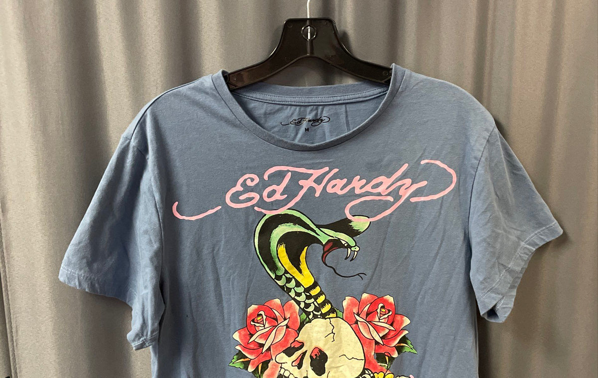Ed Hardy Skull Cobra Roses Tattoo Graphic Blue T-Shirt Double Stitch Sz M