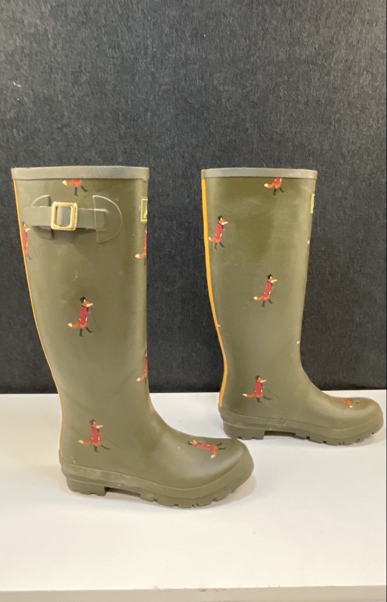 Joules Olive Green Mr Fox Print Tall Rubber Rain Boots Wellies Size 8