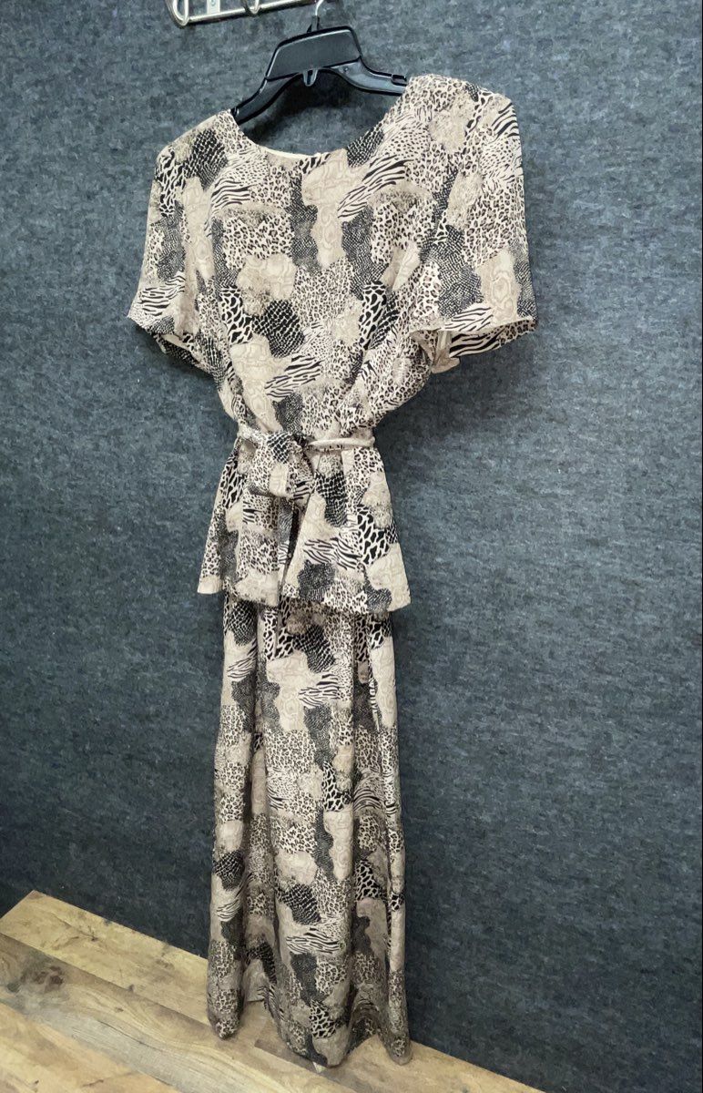 Vintage 90s Mixed Animal Print Peplum Maxi Dress Short Sleeve Back Slit Sz M
