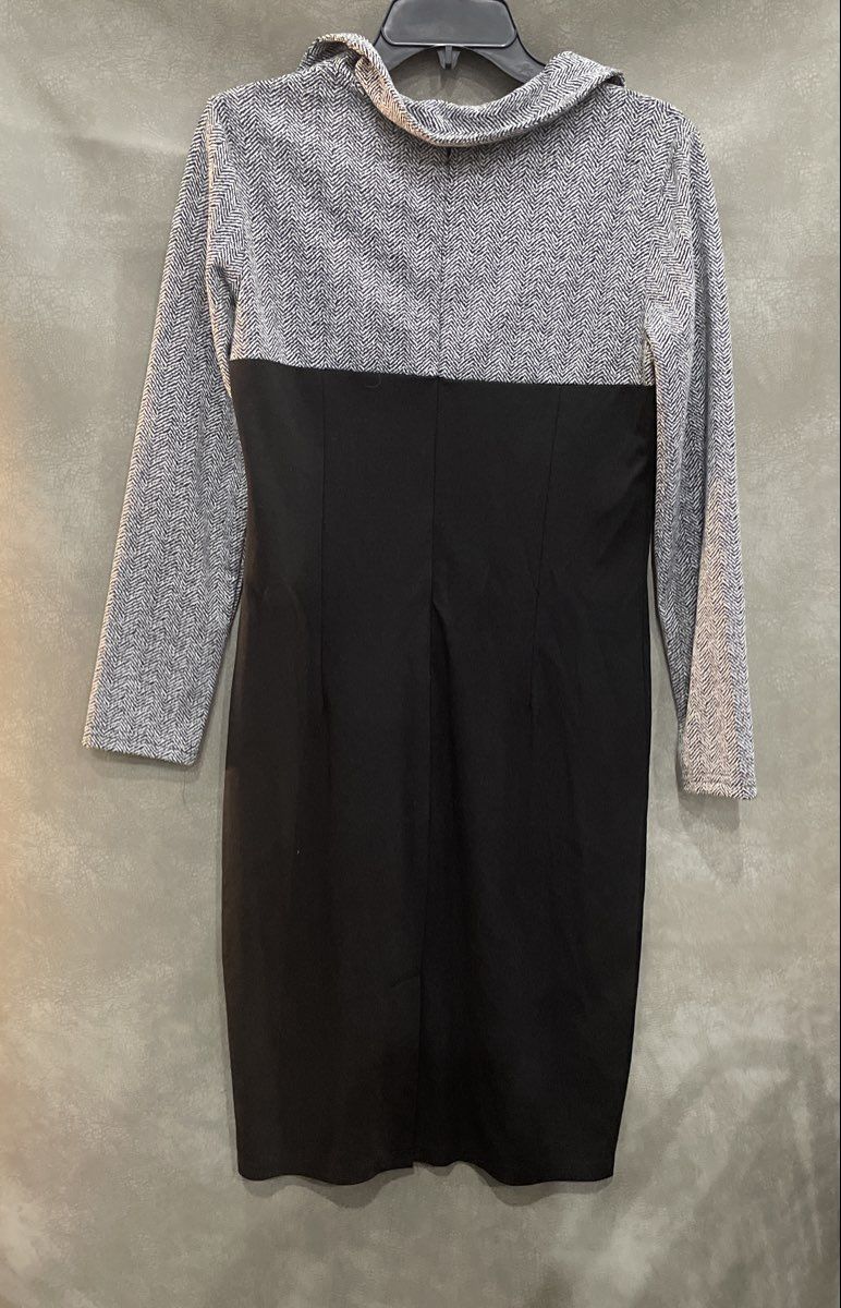 Homeyee Women's Black Gray Herringbone Long Sleeve Contrast Sheath Dress Sz 8 L
