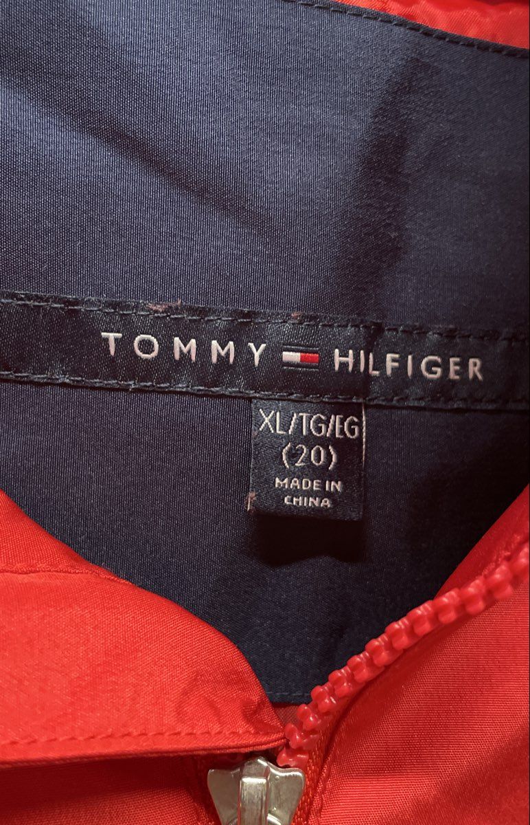 Tommy Hilfiger Boys Red Blue Colorblock Half Zip Hooded Windbreaker Jacket Sz XL