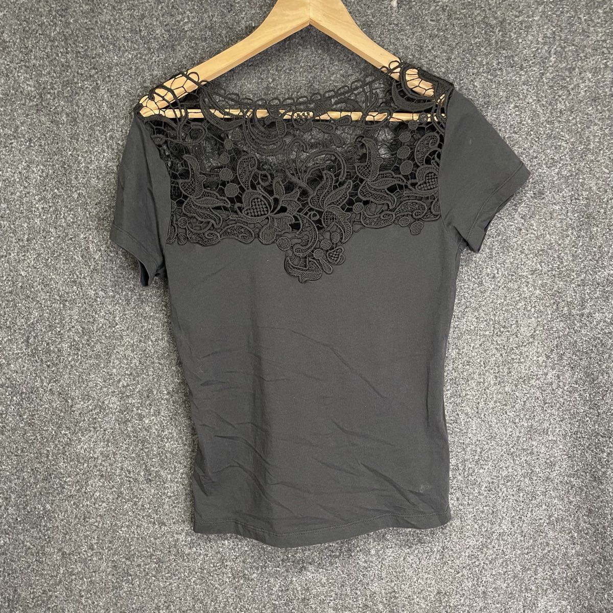Venus Women's Black Lace Yoke T-Shirt Crochet Detailed 100% Cotton Size M