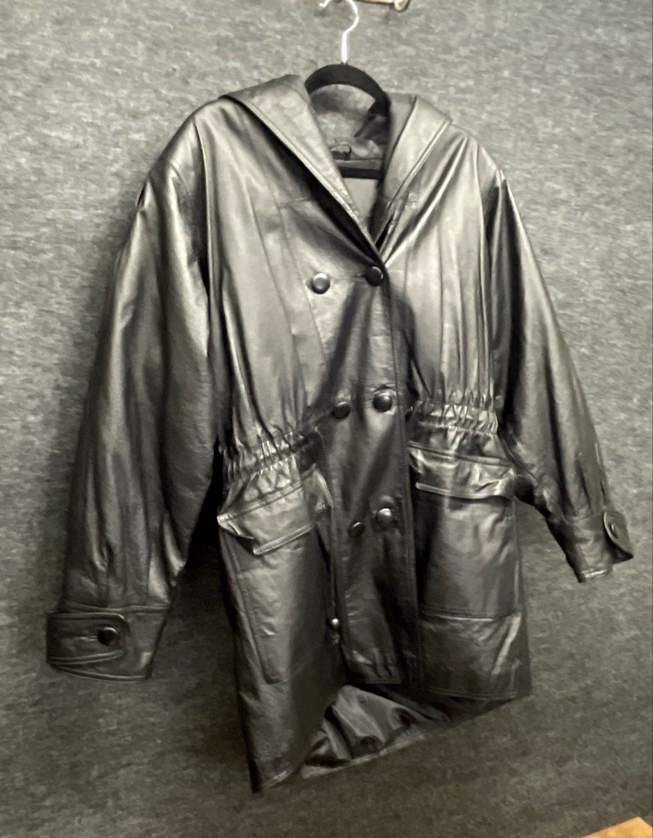 Vintage 90s Fitz Wright Women's Black Hooded Leather Parka Coat Sz L
