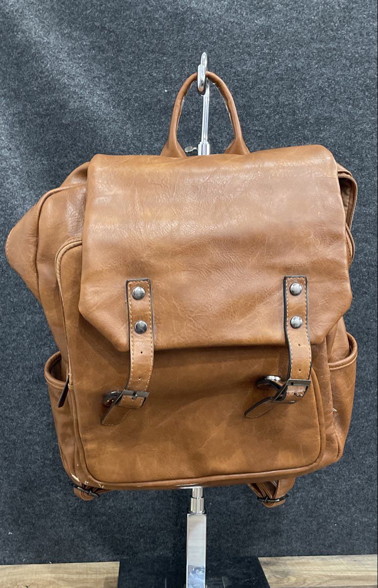 Brown Leather Flap Buckle Backpack Large Laptop Bag Gunmetal Hardware