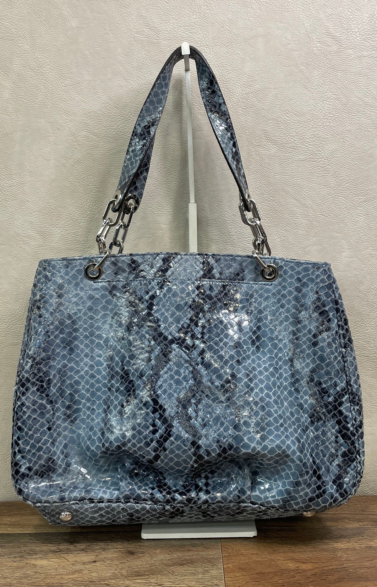 Michael Kors Blue Grey Snakeskin Embossed Leather Tote Shoulder Bag Silver