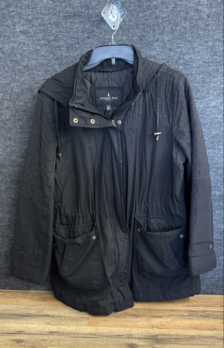 London Fog Women's Black Quilted Anorak Hooded Jacket Sz L