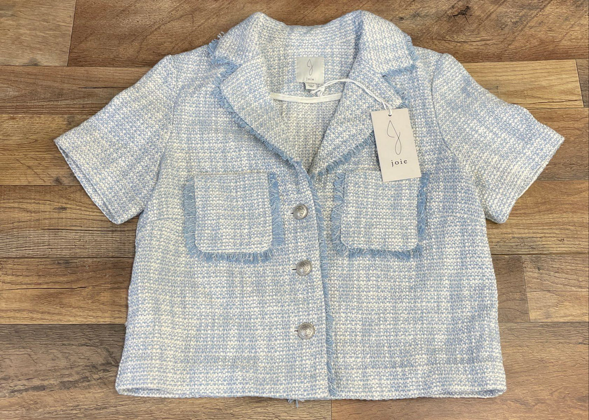 Joie Women's Tweed Short Sleeve Jacket Blue White Fringed Cotton Sz XS NWT
