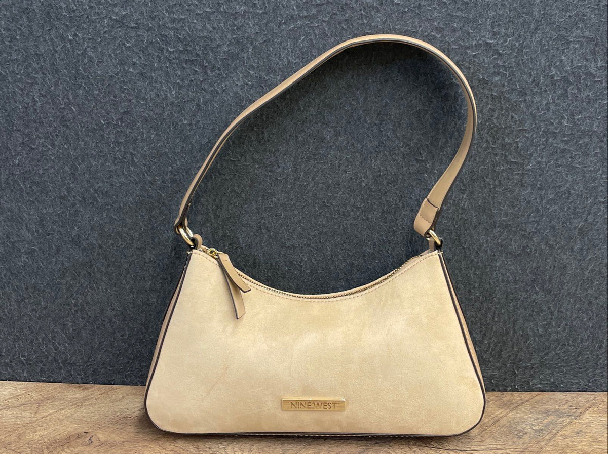 Nine West Tan Faux Suede Shoulder Bag Handbag Gold Hardware Purse