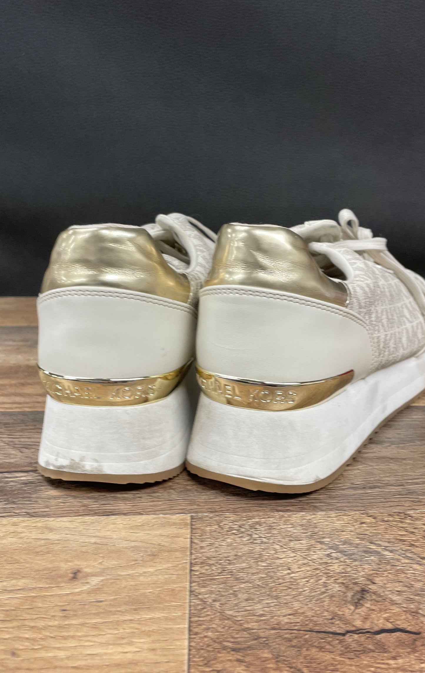 Michael Kors Monique MK Logo White Gold Platform Trainer Sneakers Size 9.5