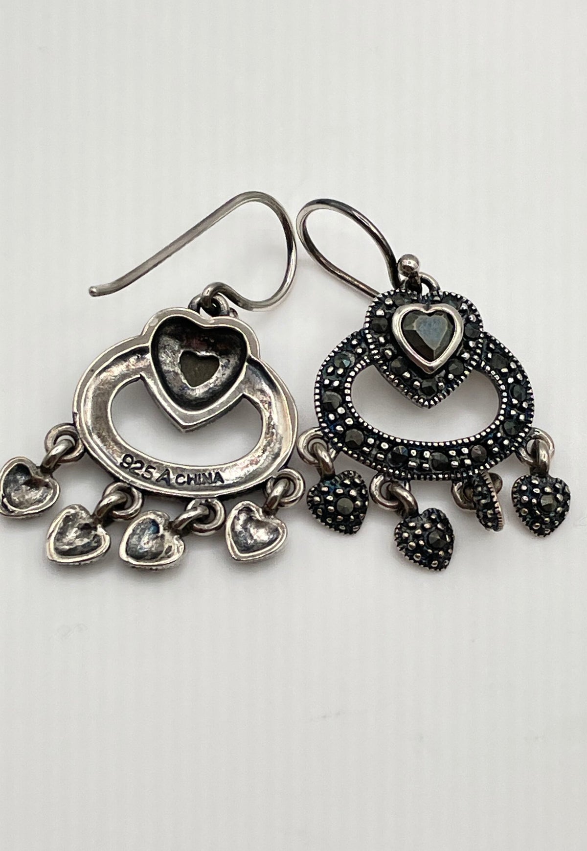 925 Sterling Silver Marcasite Heart Chandelier Dangle Earrings 6.5g