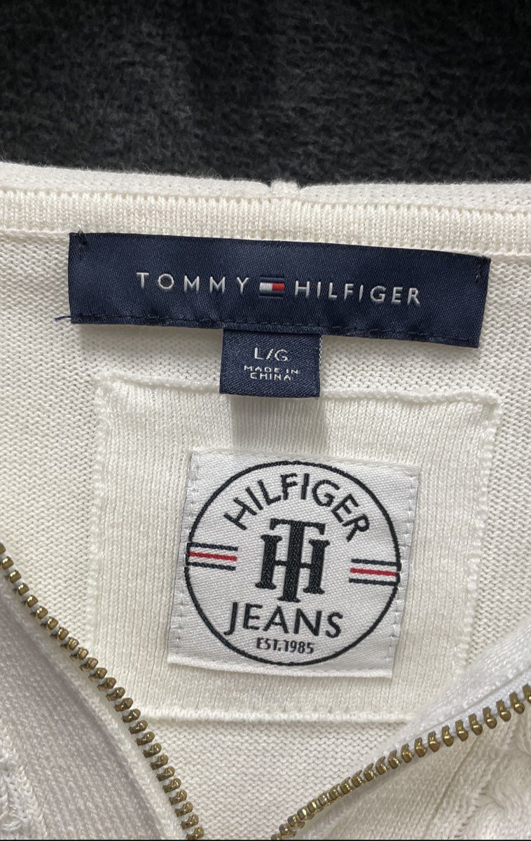 Tommy Hilfiger Jeans Women's White Cable Knit Pointelle Zip Up Hoodie Sweater L