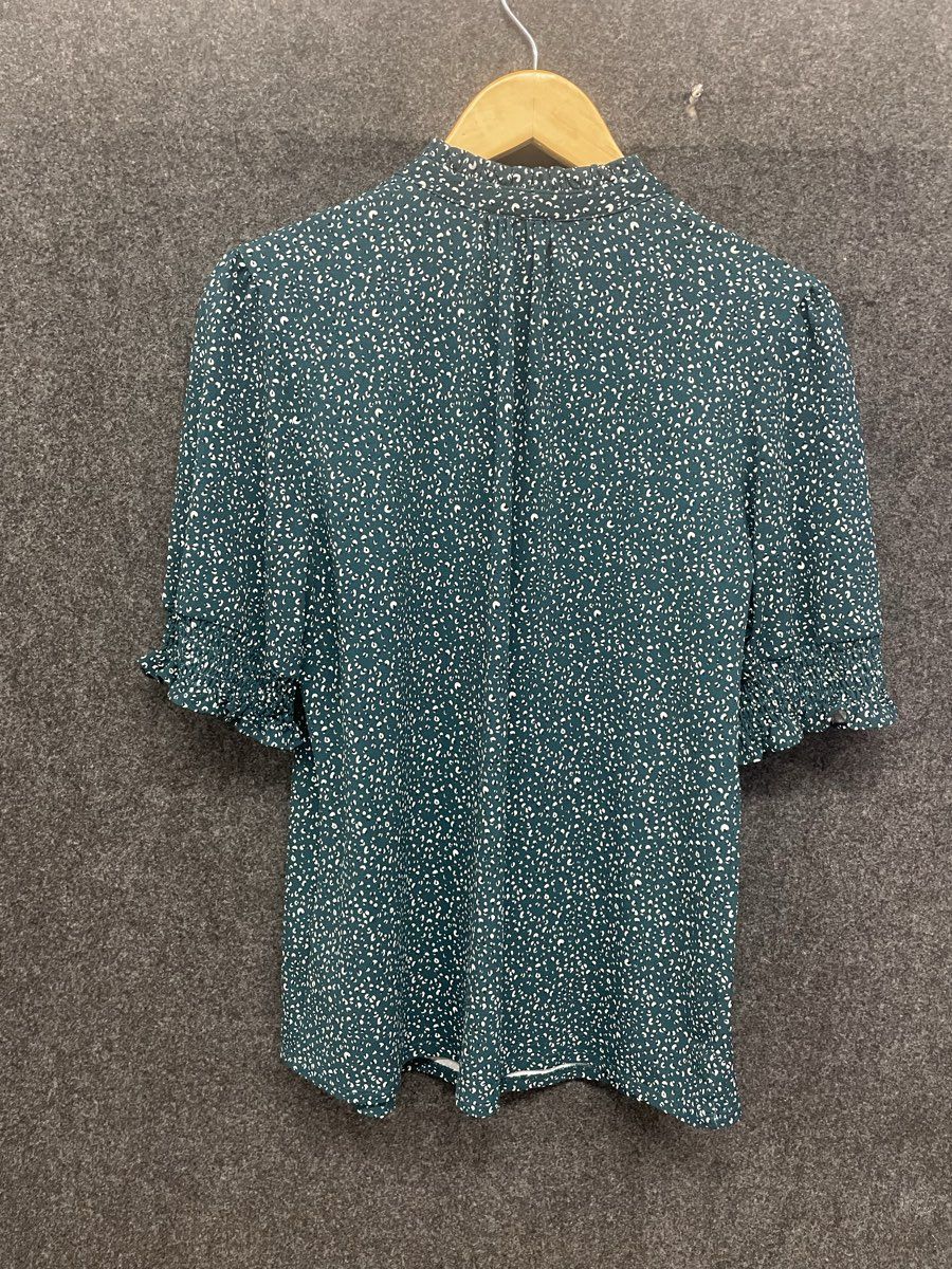 Adrianna Papell Women's Green Ruffle Tie-Neck Puff Sleeve Knit Blouse Sz L