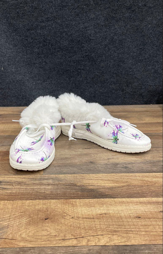 White Dragonfly Print Faux Fur Trim Moccasin Loafer Shoes Women's Size EU 38
