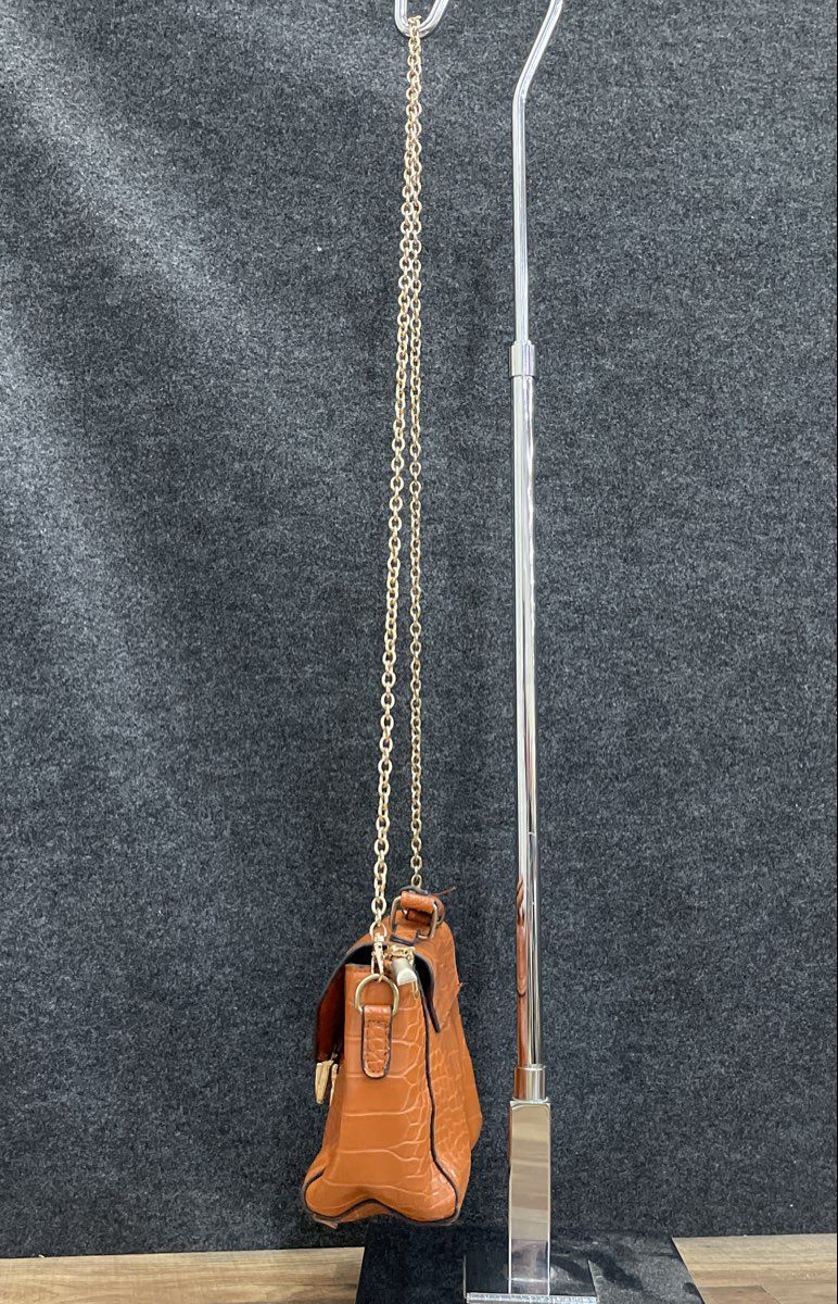 Brown Croc Embossed Leather Satchel Crossbody Bag Gold Chain Strap